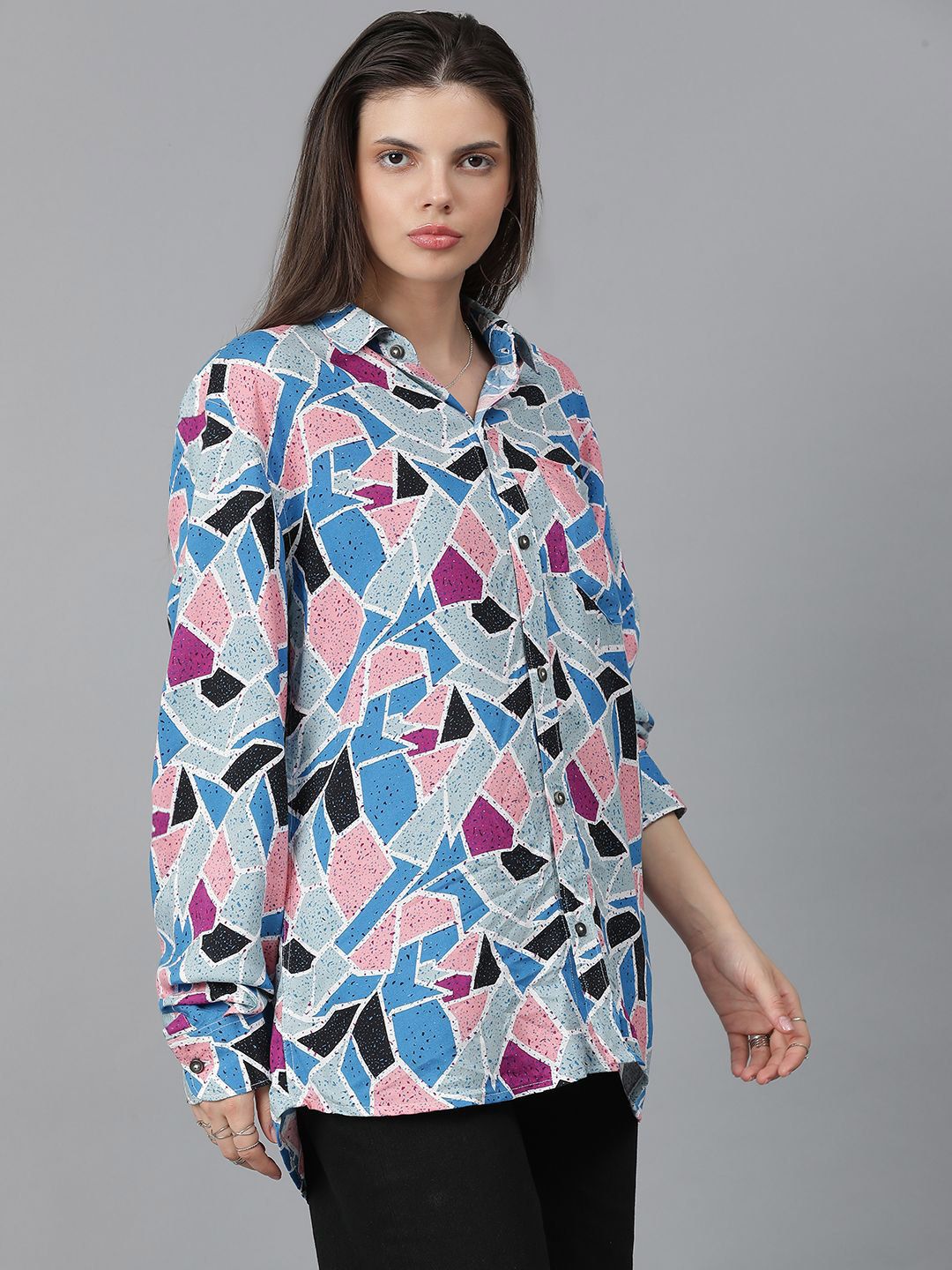 Kotty Women Spread Collar Abstract Printed Cotton Oversized Casual Shirt