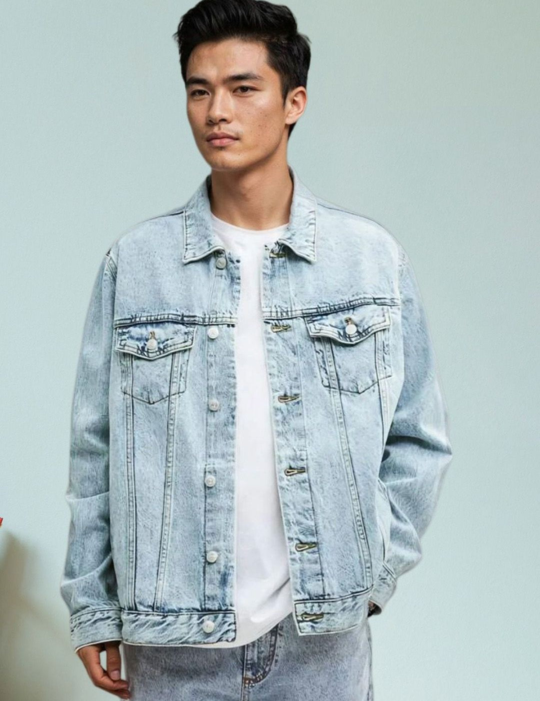 Kotty Men Spread Collar Washed Solid Denim Jacket