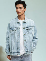 Kotty Men Spread Collar Washed Solid Denim Jacket