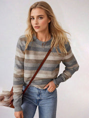Kotty Women Cotton Striped Round Neck Long Sleeves Pullover Sweaters