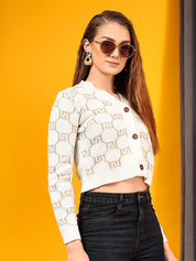 Kotty Women V-Neck Printed Cotton Crop Cardigan
