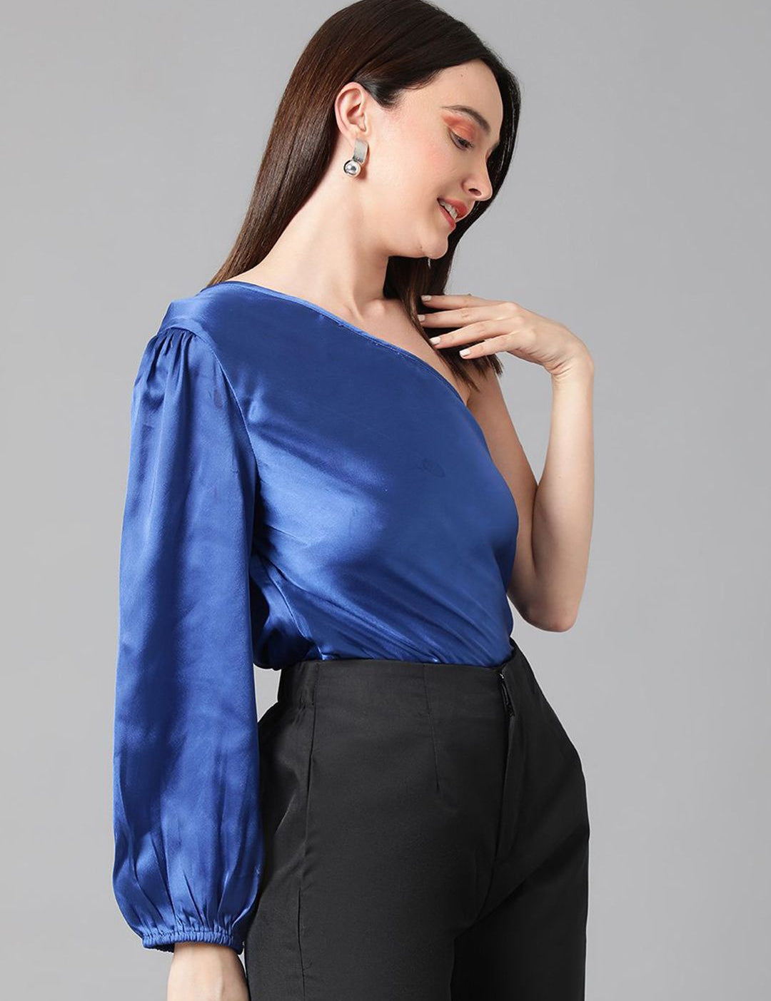 Kotty Women One Shoulder Bishop Sleeves Satin Top