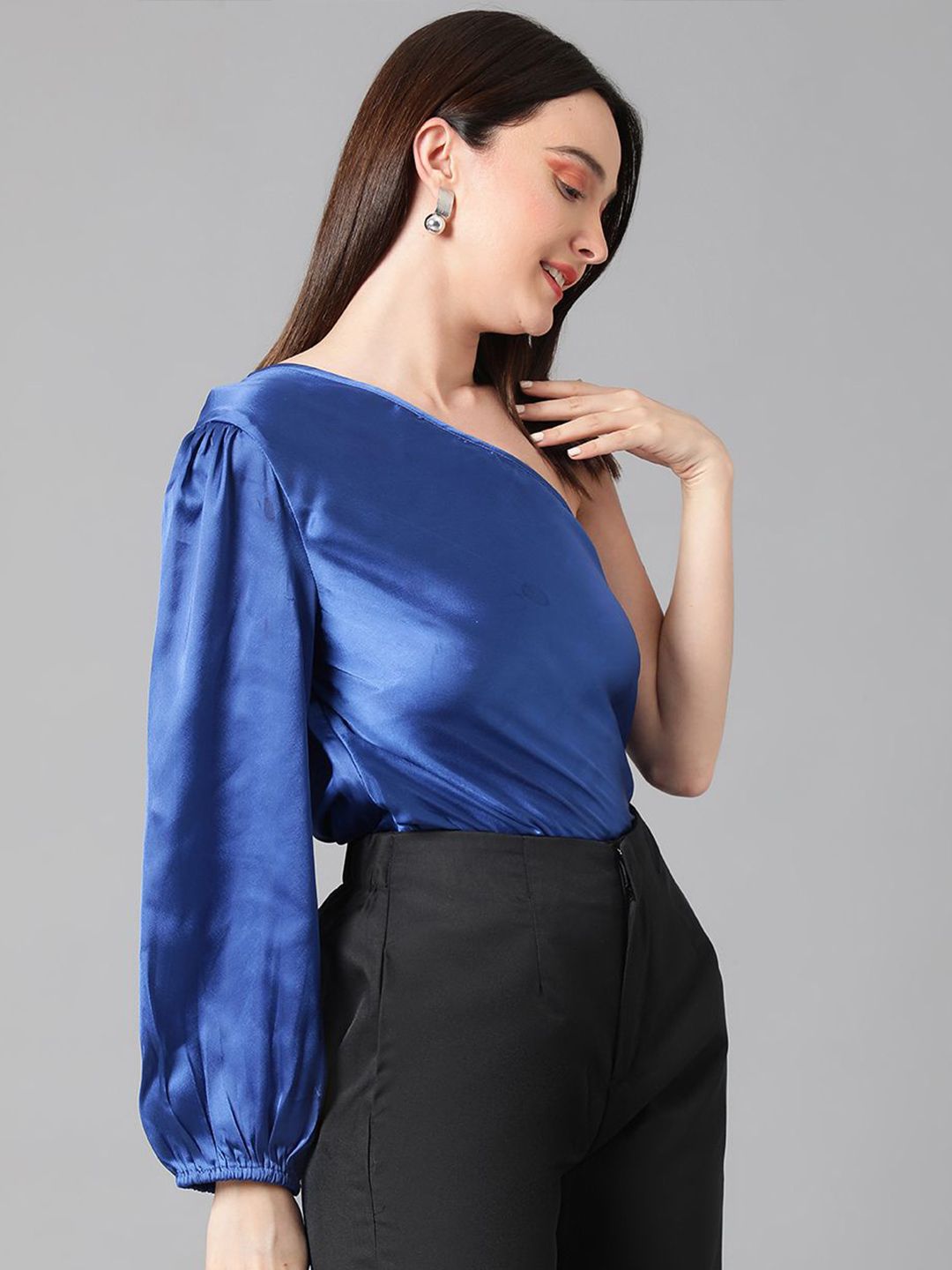 Kotty Women One Shoulder Bishop Sleeves Satin Top