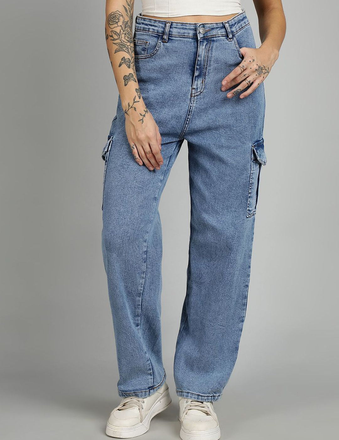 Kotty Women Straight Fit High-Rise Stretchable Cargo Styles Jeans