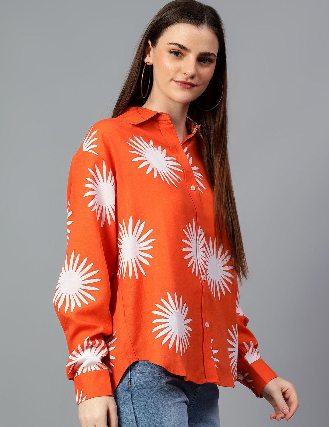 Kotty Women Comfort Spread Collar Graphic Printed Cotton Oversized Casual Shirt