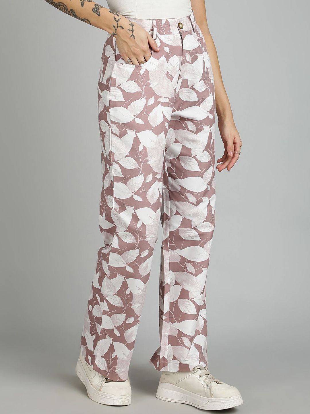 Kotty Women Cotton Floral Printed Straight Fit High-Rise Easy Wash Trousers