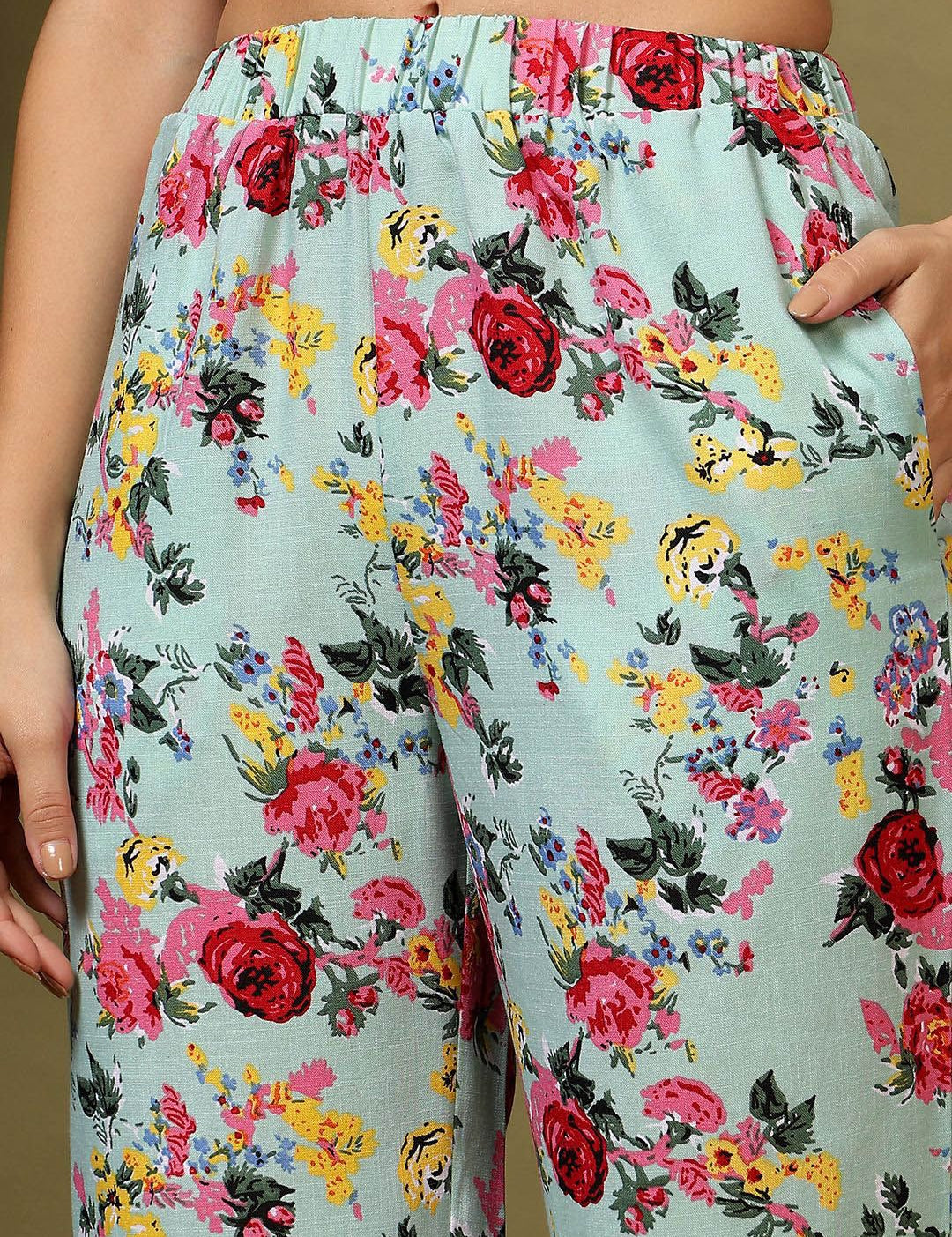 Kotty Green and Pink Printed Notched Lapel Collar Blazer With Trousers