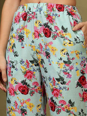 Kotty Green and Pink Printed Notched Lapel Collar Blazer With Trousers