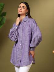 Kotty Women Oversized Fit Spread Collar Micro Checked Cotton Casual Shirt