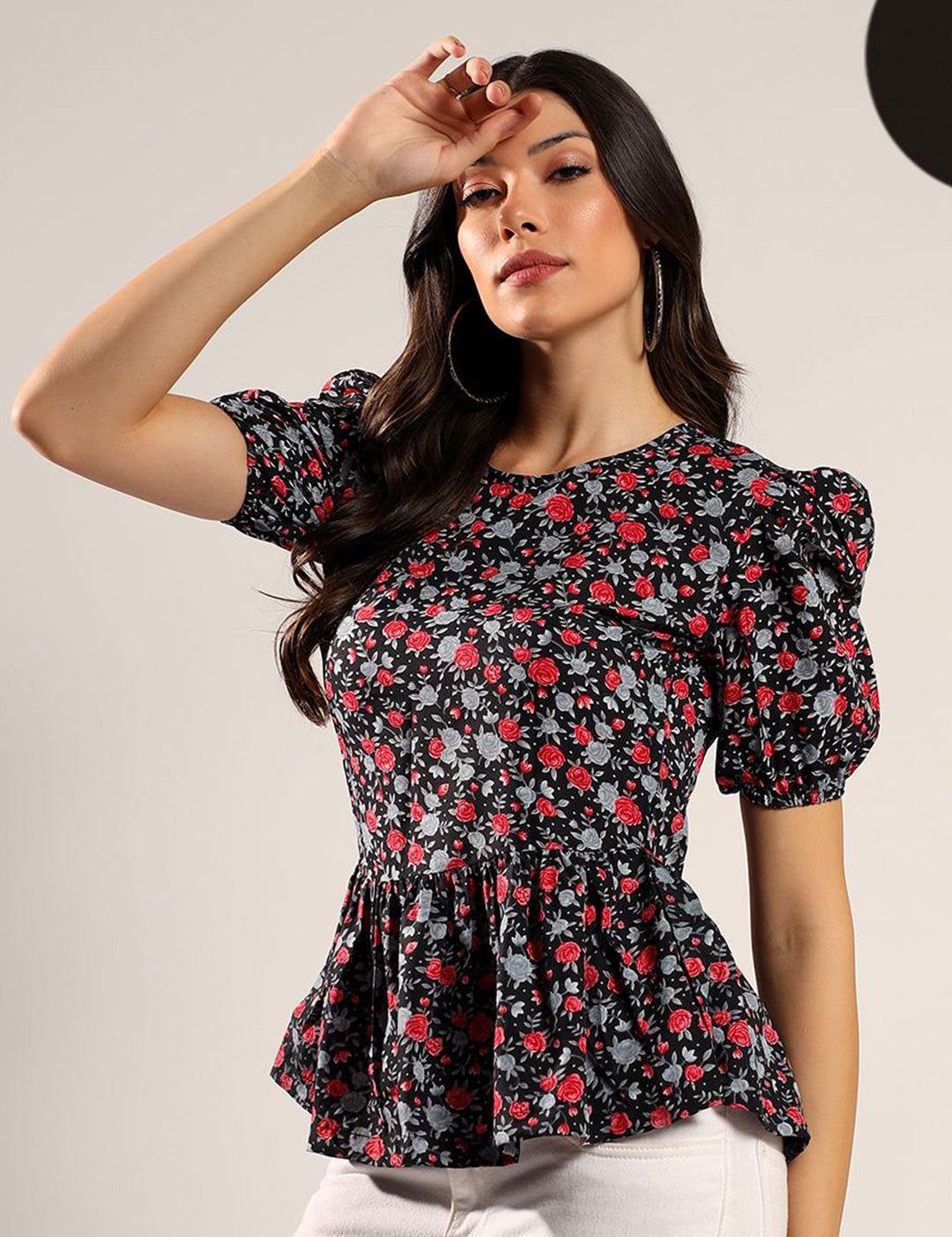 Kotty Women Floral Printed Puff Sleeve Peplum Top