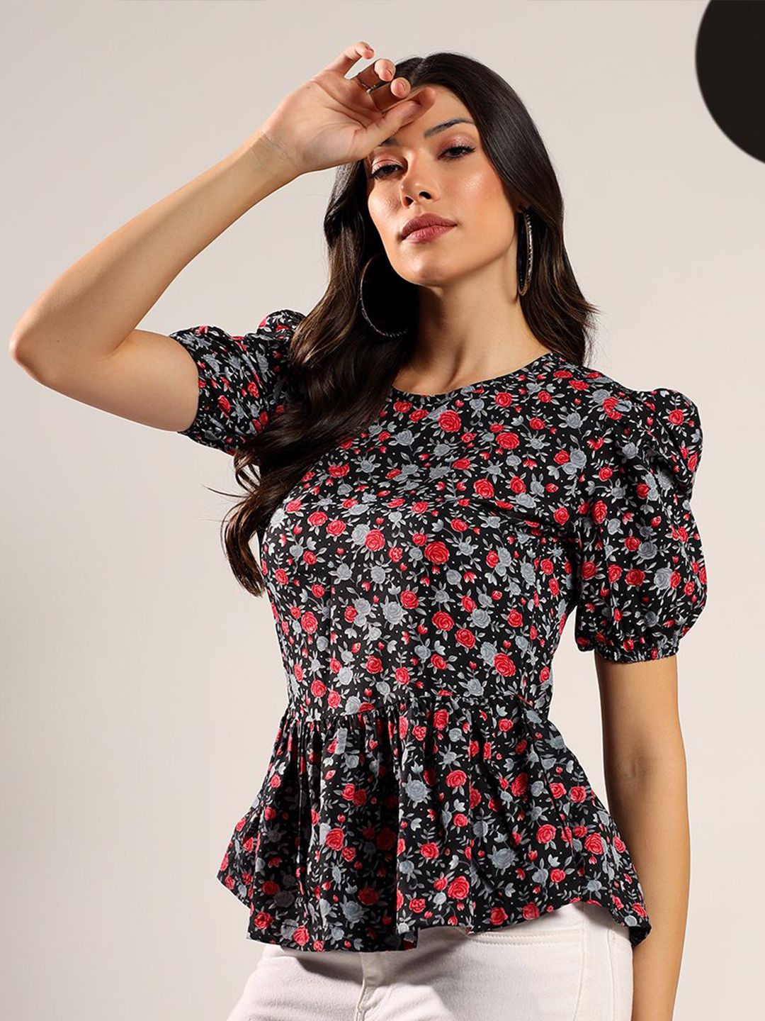 Kotty Women Floral Printed Puff Sleeve Peplum Top