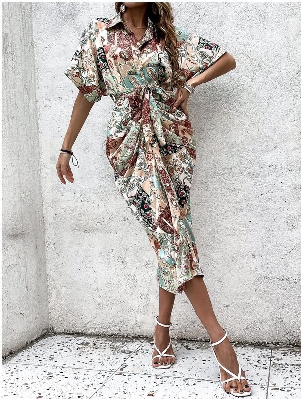 Kotty Women Floral Print Flutter Sleeve Satin Shirt Midi Dress