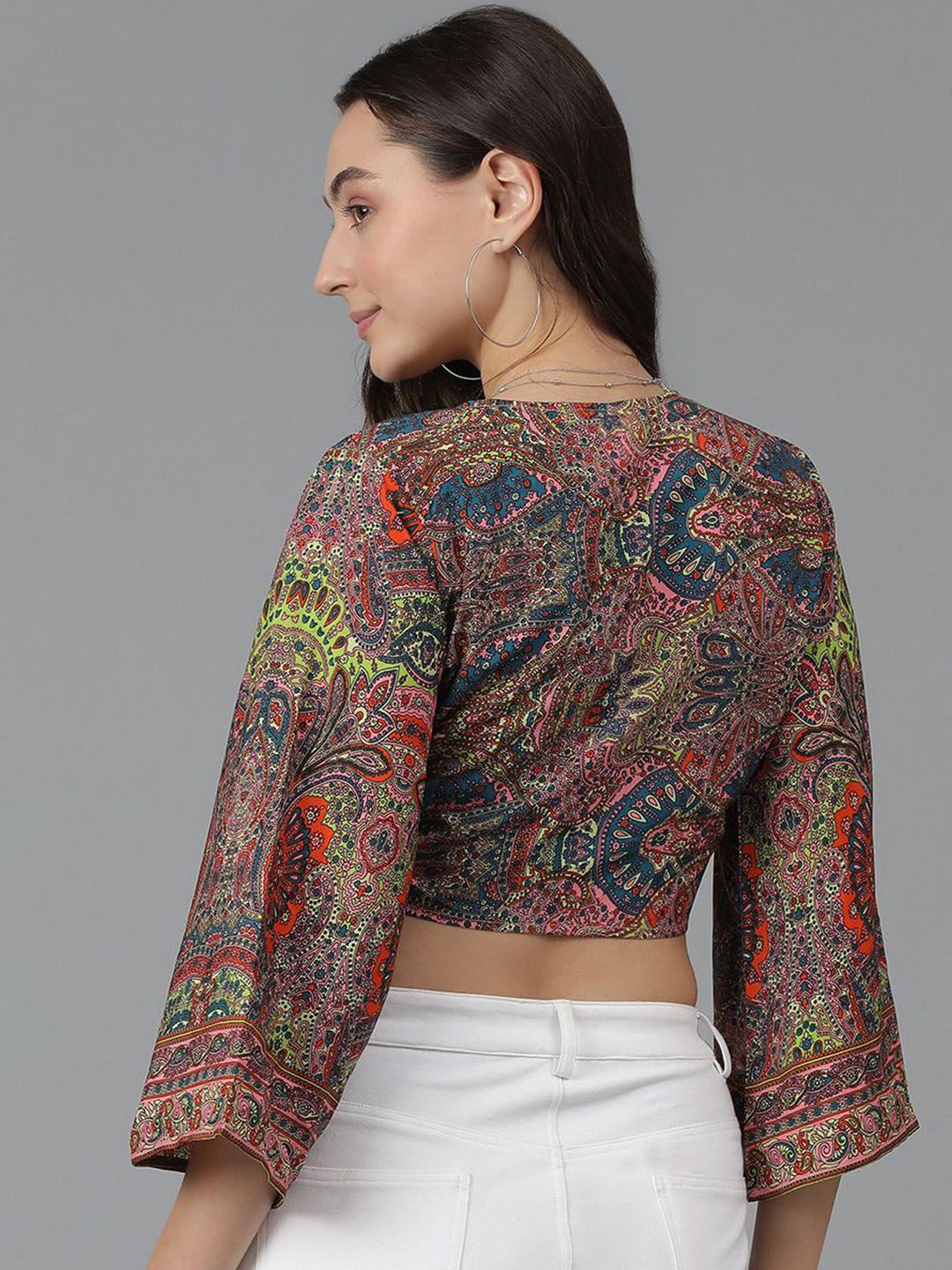 Kotty Floral Print Flared Sleeve Crop Top