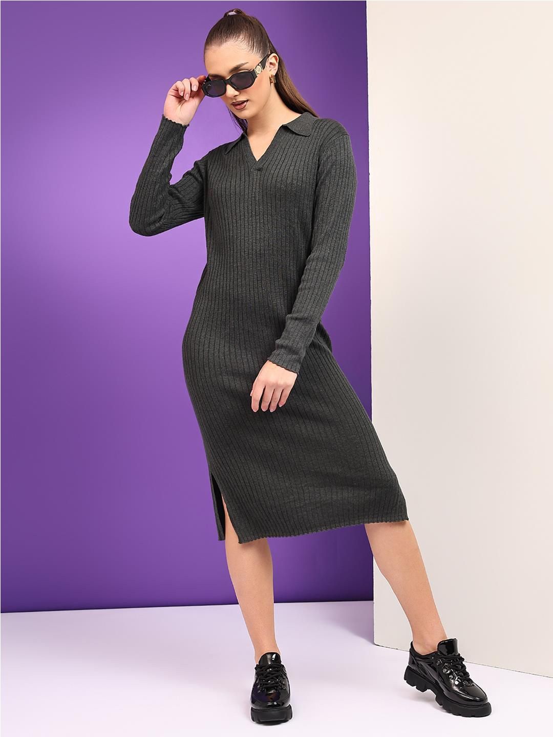 Kotty Women Shirt Collar Cotton Midi Jumper Dress