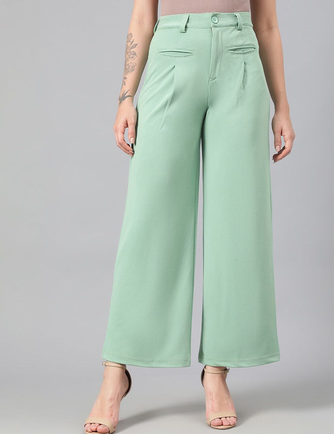 Kotty Women Green Relaxed Straight Leg Fit High-Rise Easy Wash Pleated Parallel Trousers