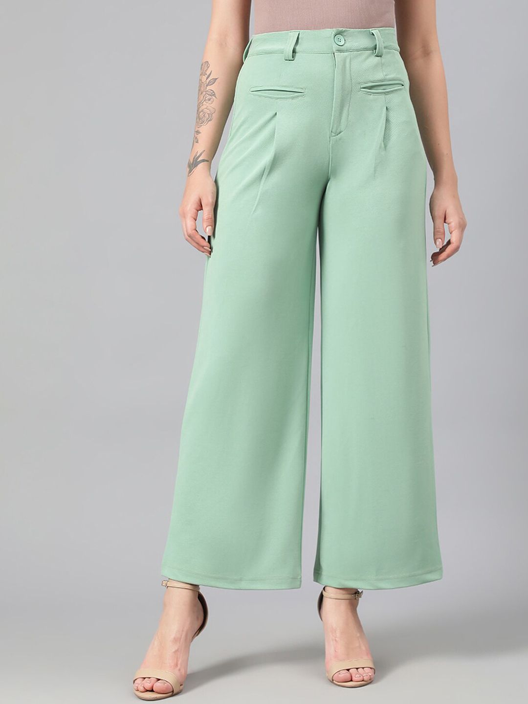 Kotty Women Green Relaxed Straight Leg Fit High-Rise Easy Wash Pleated Parallel Trousers
