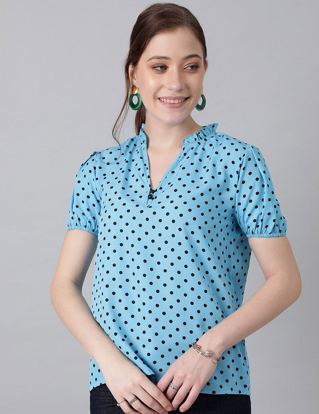 Kotty Blue Polka Dot Print Mandarin Collar Puff Sleeve Crepe Top