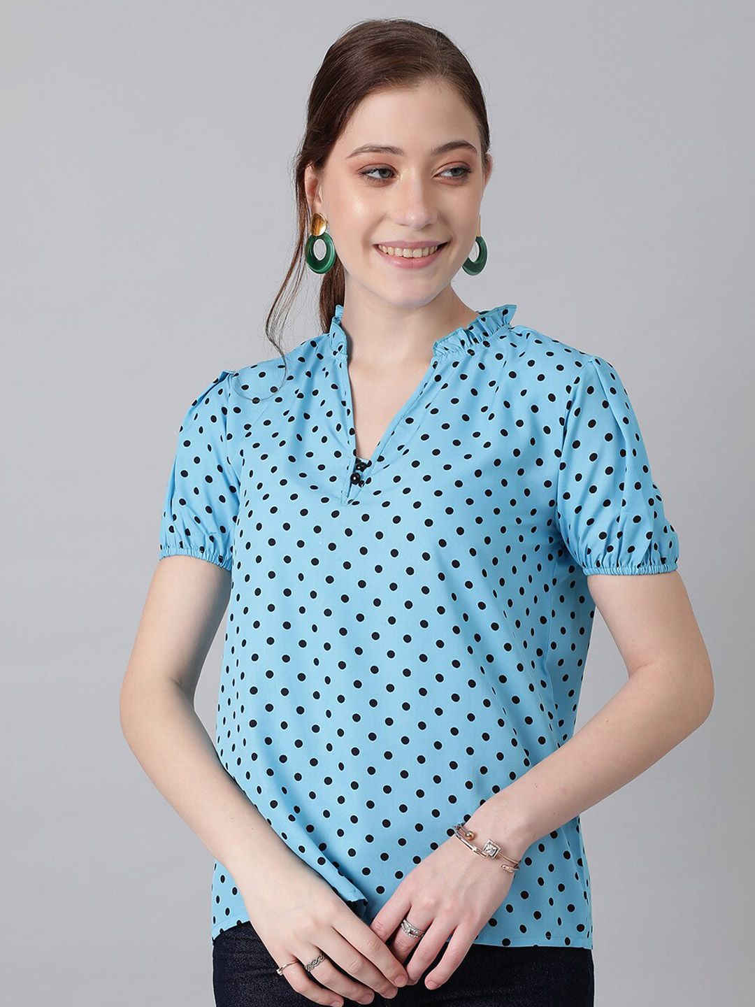 Kotty Blue Polka Dot Print Mandarin Collar Puff Sleeve Crepe Top