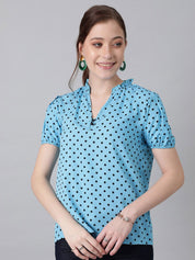 Kotty Blue Polka Dot Print Mandarin Collar Puff Sleeve Crepe Top