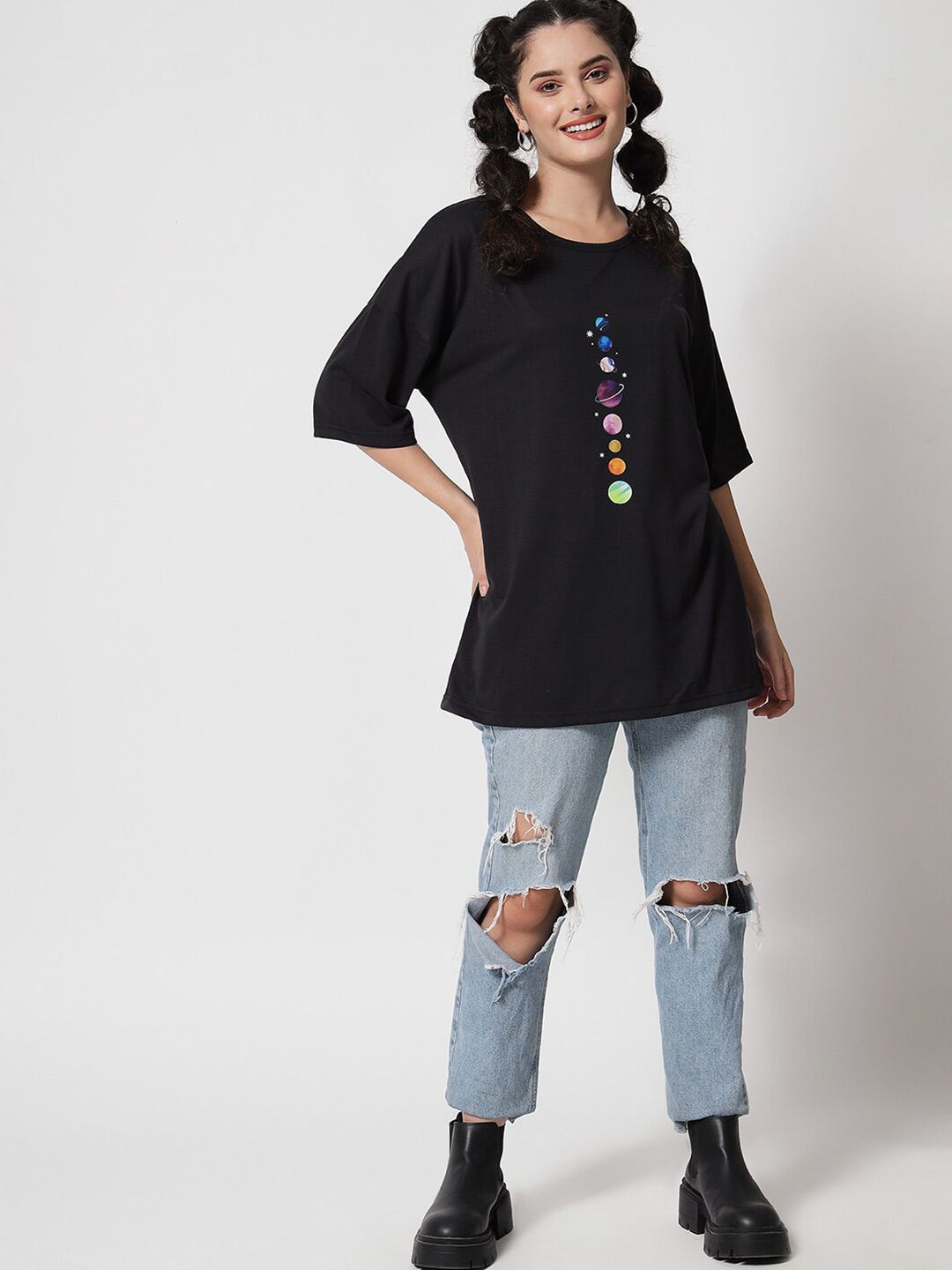 Kotty Women Black Typography Printed Applique Oversized T-shirt