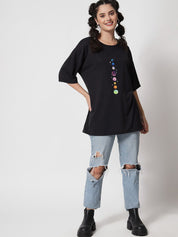 Kotty Women Black Typography Printed Applique Oversized T-shirt