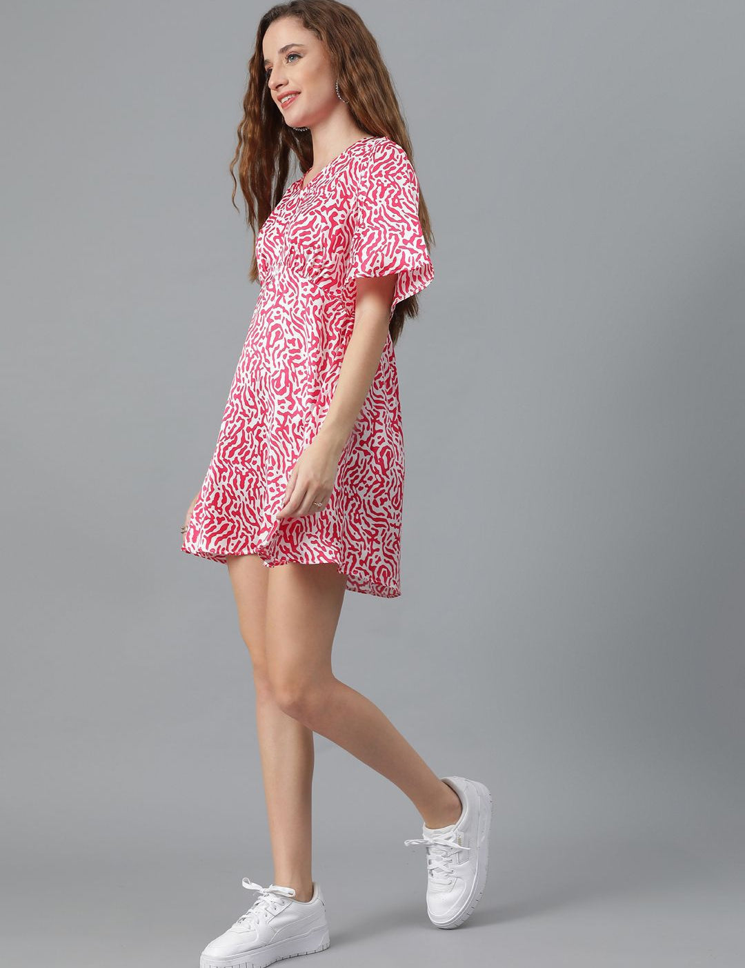 Kotty Red bstract Printed Flared Sleeves Satin A-Line Mini Dress