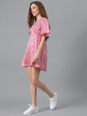 Kotty Red bstract Printed Flared Sleeves Satin A-Line Mini Dress