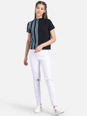 Kotty Women Black & Blue Striped Pure Cotton Top