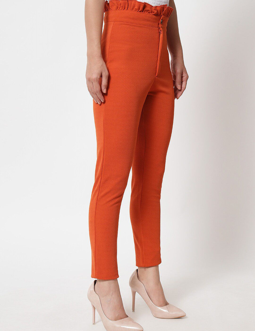 Kotty Women Orange Relaxed Straight Fit High-Rise Easy Wash Trousers
