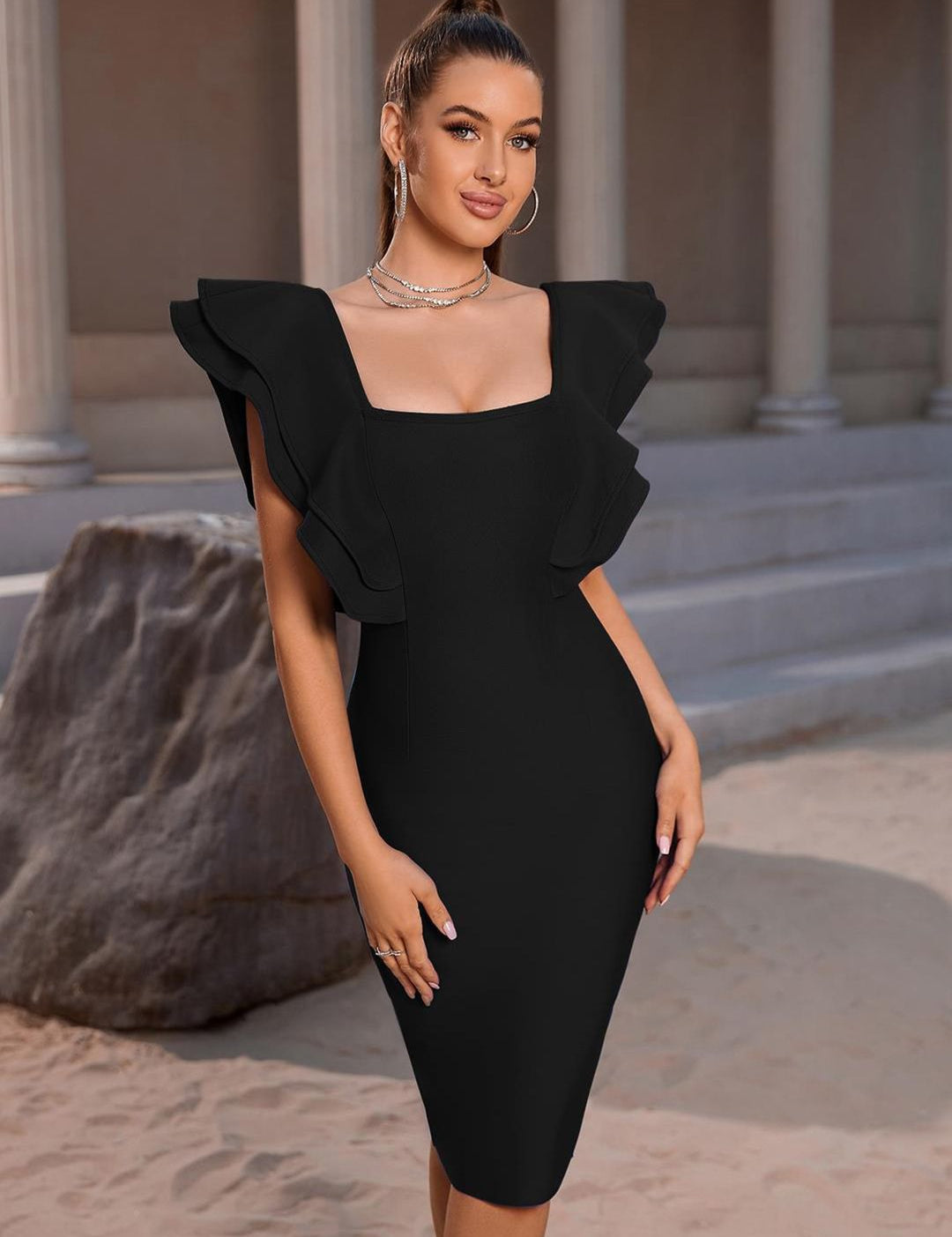 Kotty Black Square Neck Flutter Sleeves Bodycon Dress
