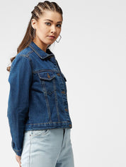 Kotty Women Navy Blue Solid Denim Jacket
