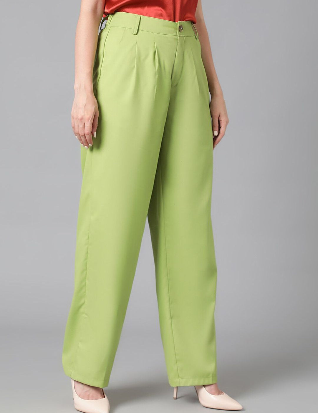 Kotty Women Green Relaxed Straight Leg Straight Fit High-Rise Easy Wash Pleated Trousers