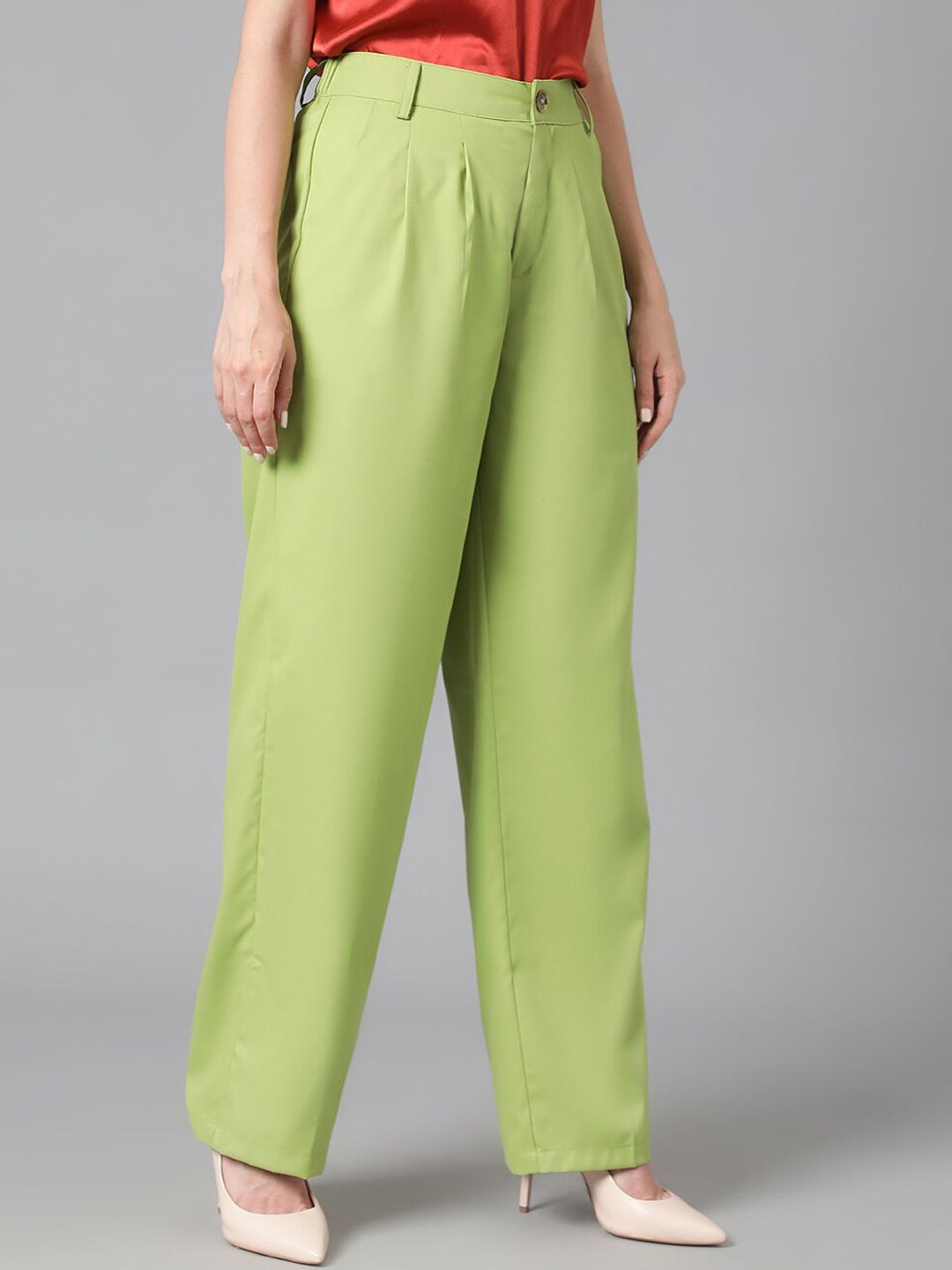 Kotty Women Green Relaxed Straight Leg Straight Fit High-Rise Easy Wash Pleated Trousers
