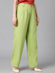Kotty Women Green Relaxed Straight Leg Straight Fit High-Rise Easy Wash Pleated Trousers