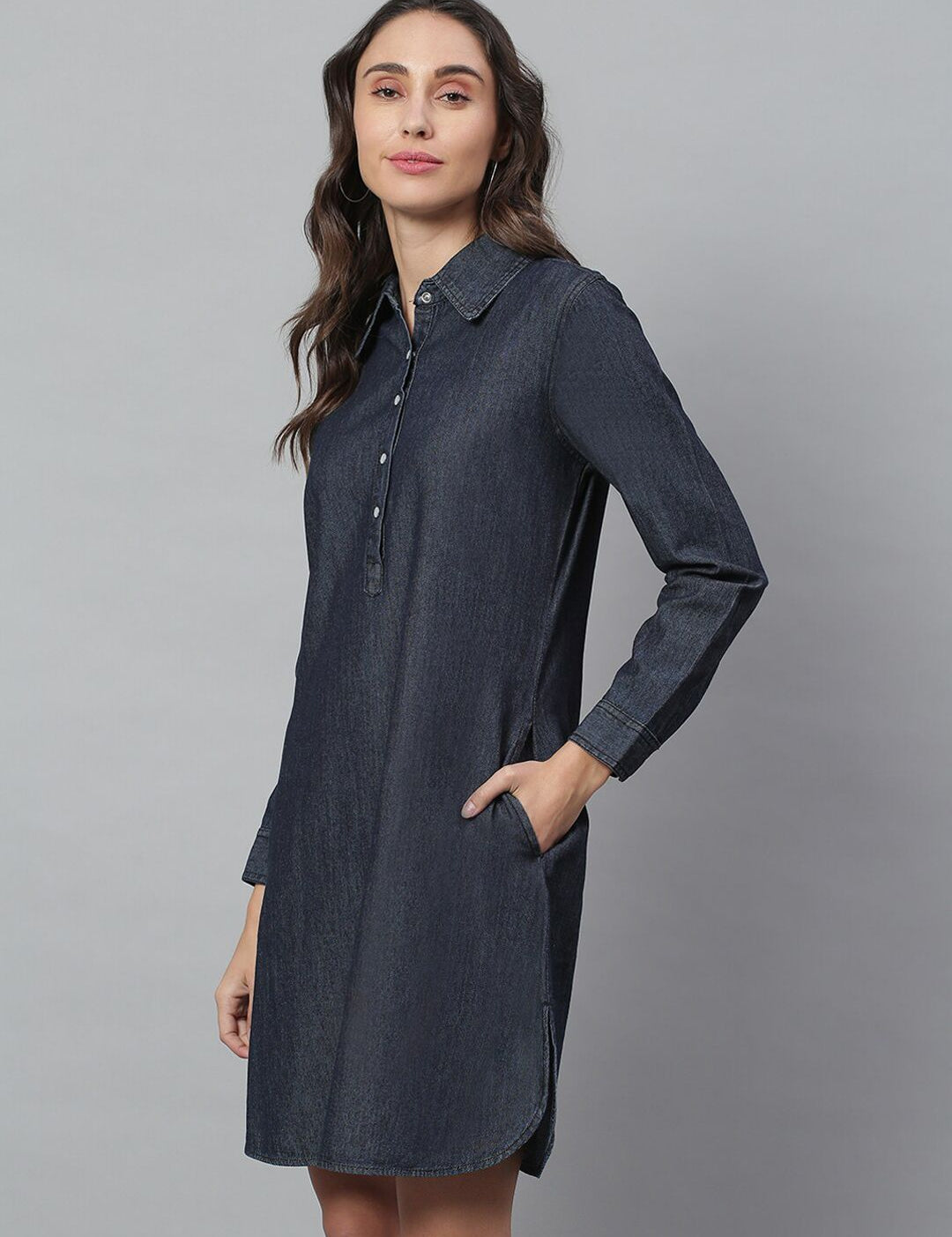 Kotty Women Blue Solid Denim Shirt Dress
