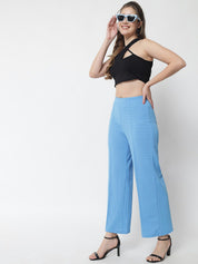 Kotty Women Blue Solid Relaxed Straight Fit Parallel Trousers