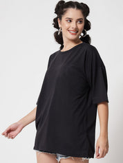 Kotty Women Black Drop-Shoulder Sleeves Applique Oversized  T-shirt