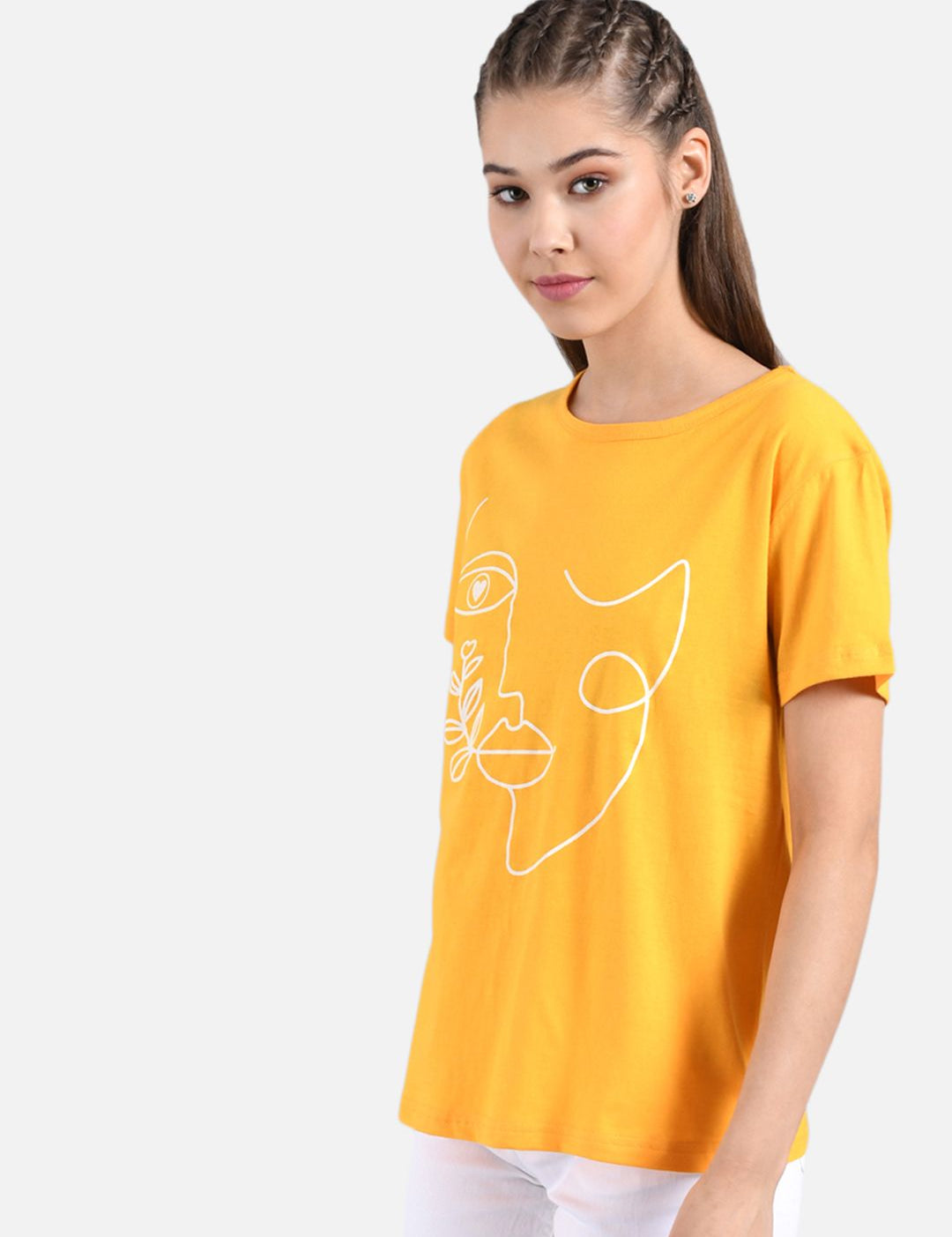 Kotty Women Yellow Printed Round Neck T-shirt