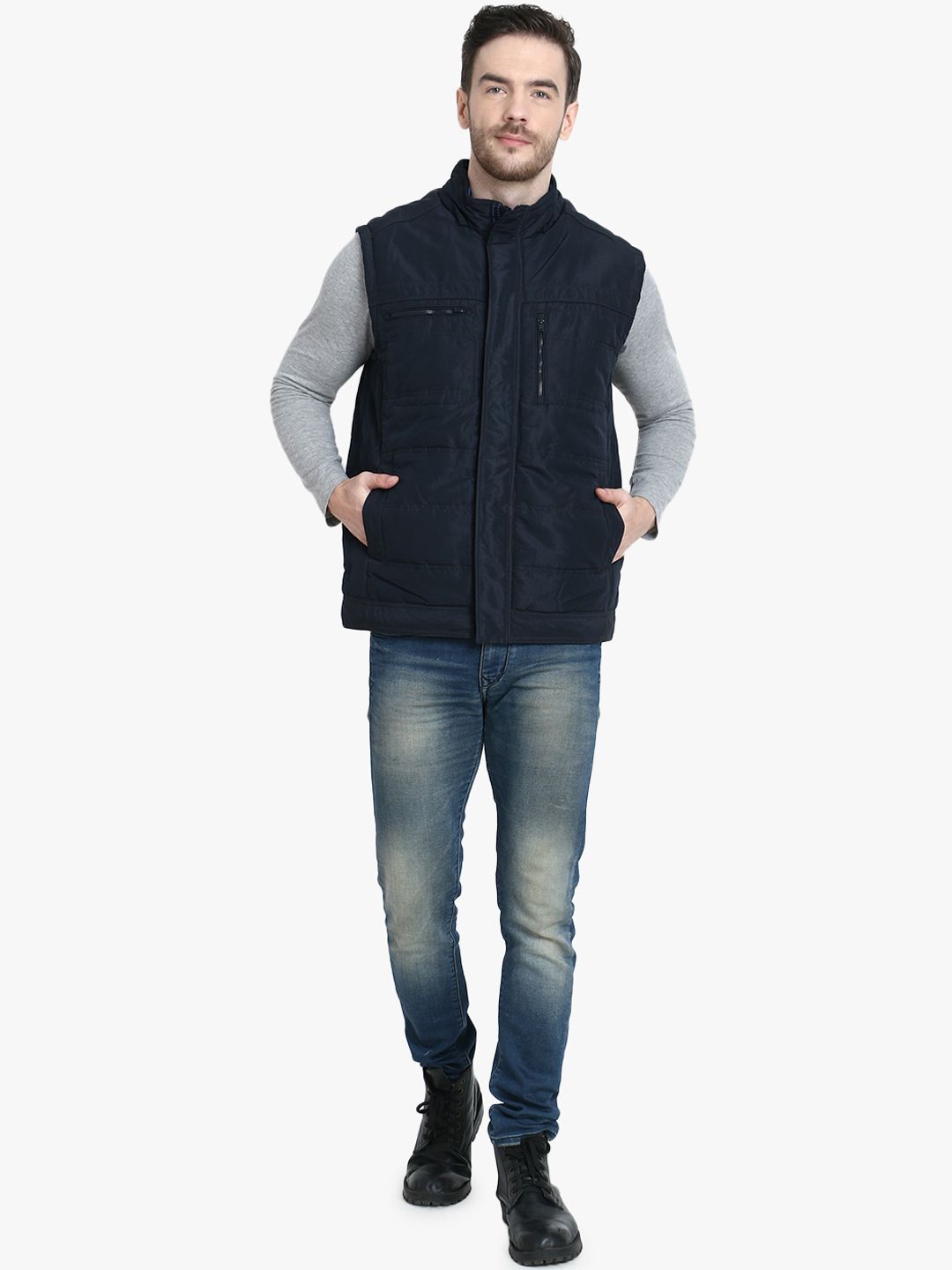 Kotty Men Navy Blue Solid Padded Jacket