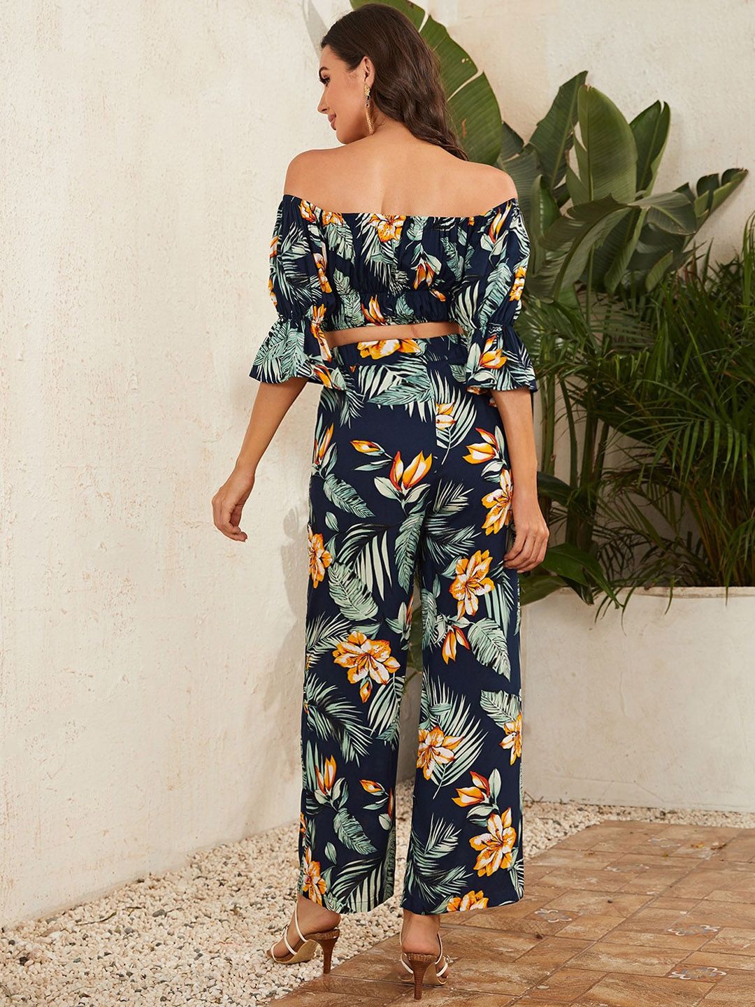 Kotty Navy Blue Printed Off Shoulder Top With Trouser  