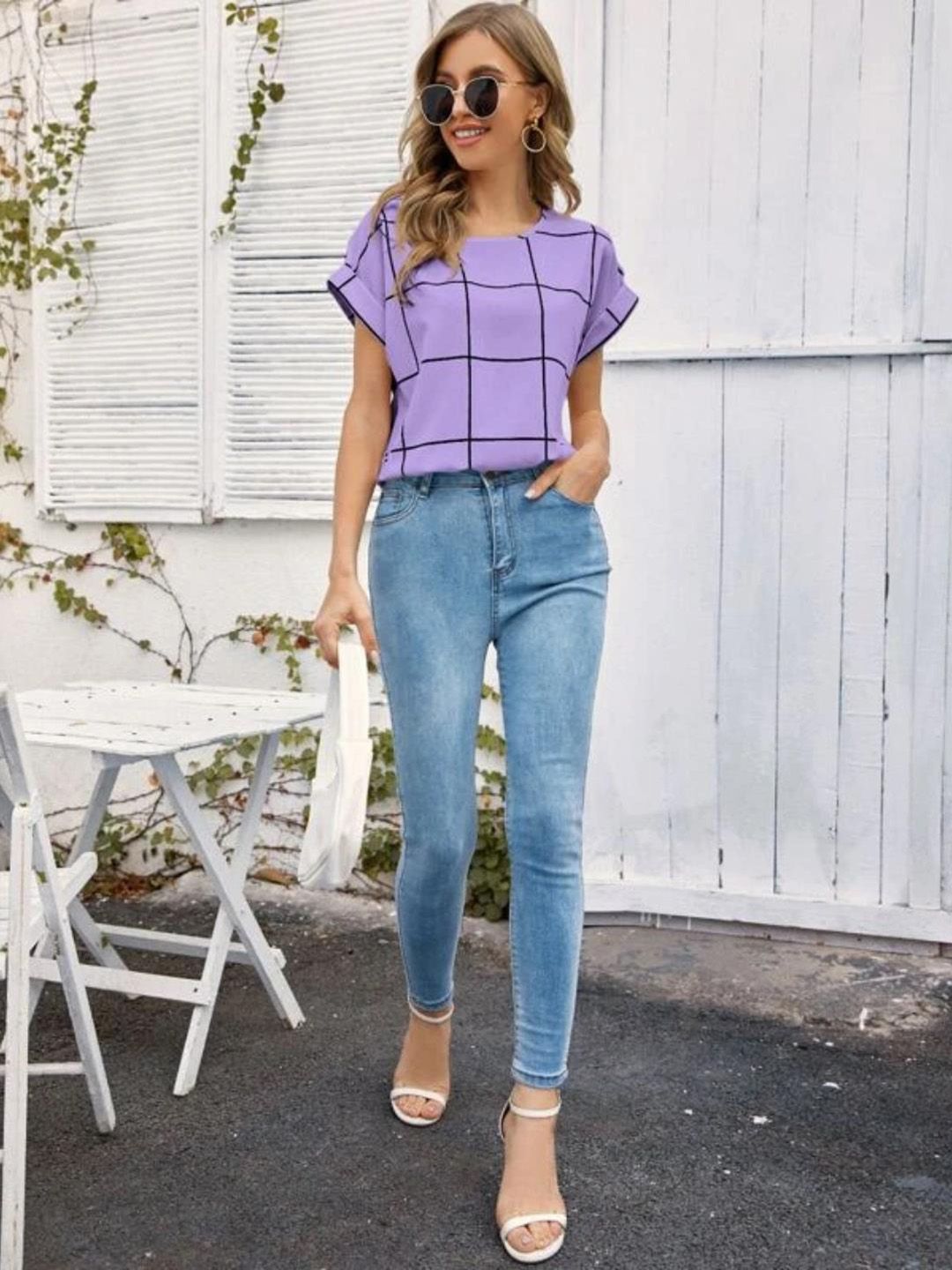 Kotty Purple Checked Extended Sleeves Regular Top