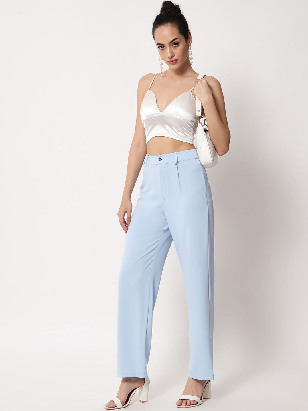 KOTTY BIZwear Women Blue High-Rise Easy Wash Pleated Wide Leg Trousers