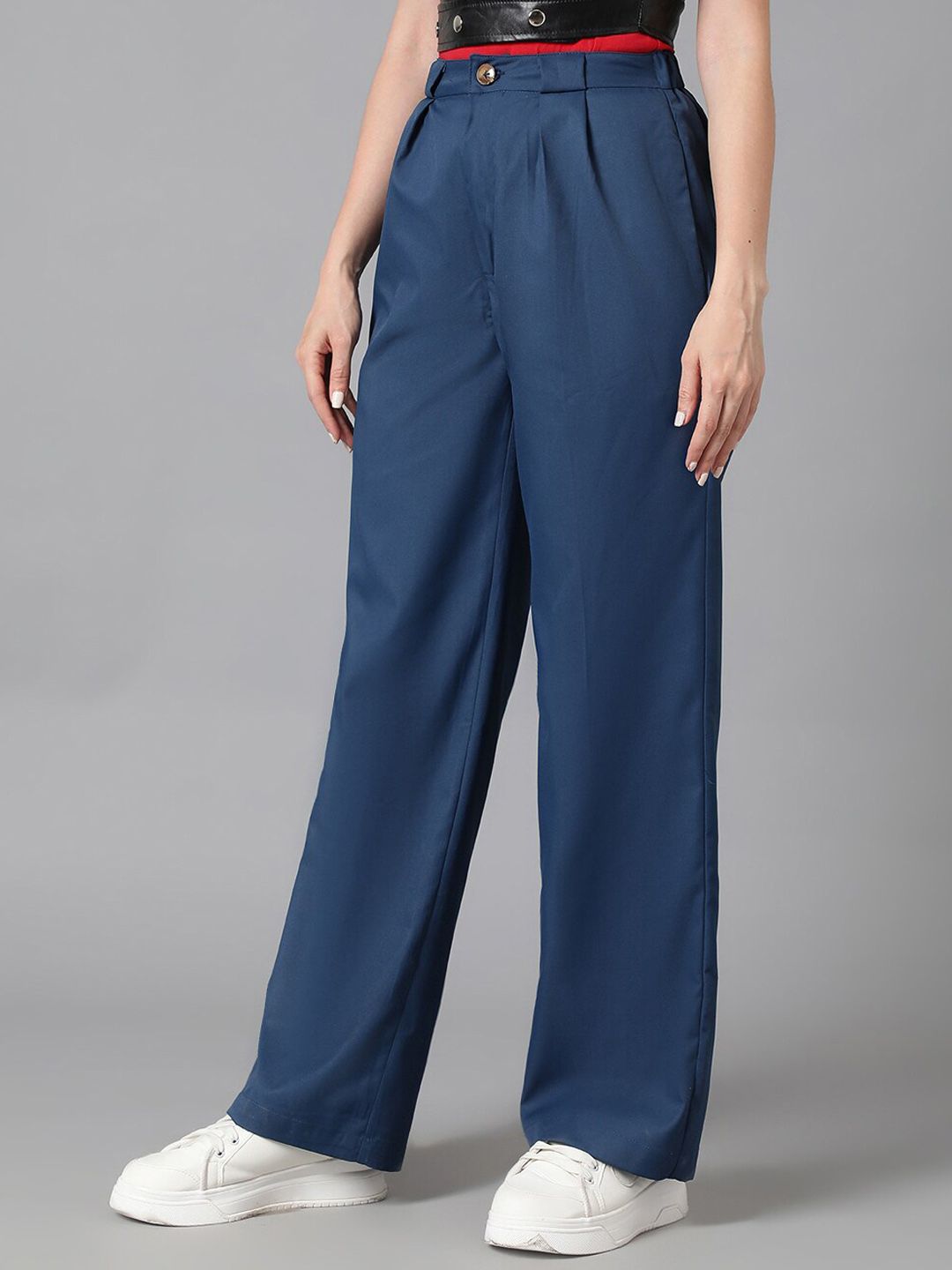 KOTTY BIZwear Women Navy Blue Relaxed Straight Leg High-Rise Easy Wash Pleated Trousers