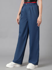 KOTTY BIZwear Women Navy Blue Relaxed Straight Leg High-Rise Easy Wash Pleated Trousers
