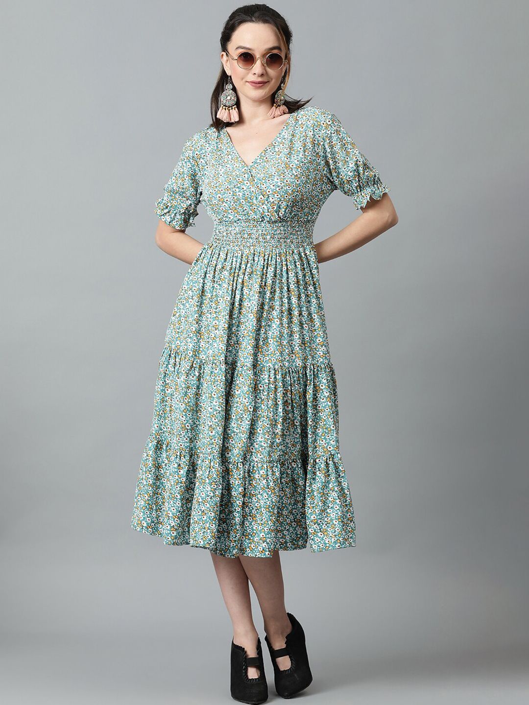 Kotty Blue & White Floral Printed Puff Sleeve Crepe Smocked Tiered Fit & Flare Midi Dress