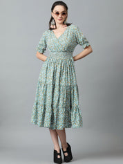 Kotty Blue & White Floral Printed Puff Sleeve Crepe Smocked Tiered Fit & Flare Midi Dress