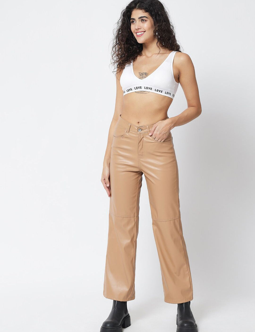 Kotty Women Beige Relaxed Straight Fit Faux Leather Trouser