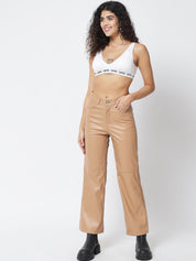 Kotty Women Beige Relaxed Straight Fit Faux Leather Trouser