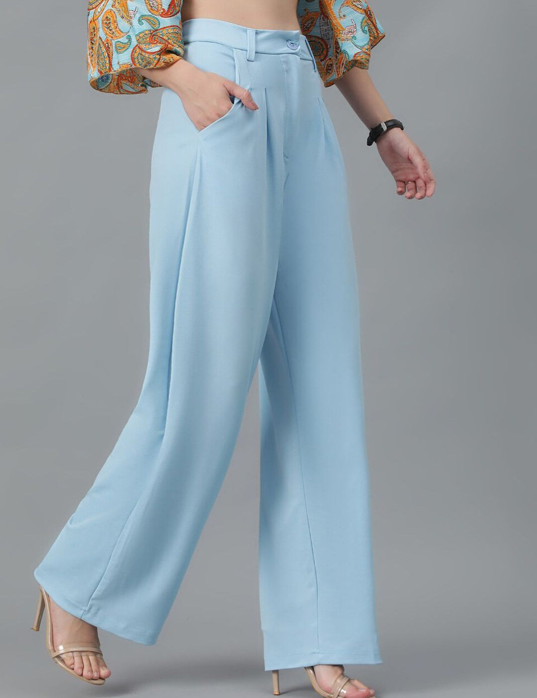 KOTTY BIZwear Women Blue Relaxed Straight Leg High-Rise Easy Wash Parallel Trousers