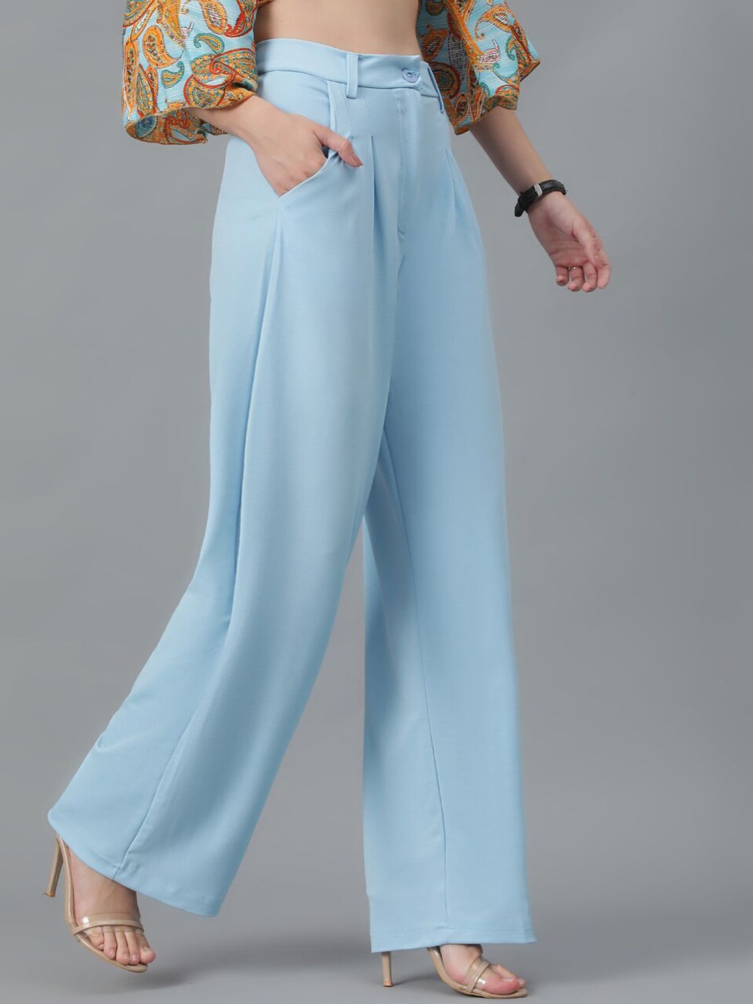 KOTTY BIZwear Women Blue Relaxed Straight Leg High-Rise Easy Wash Parallel Trousers
